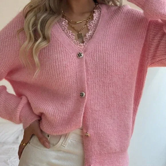 Pink Casual Women's V Neck Lace Trim & Rhinestones Cardigan - Picture 4 of 8